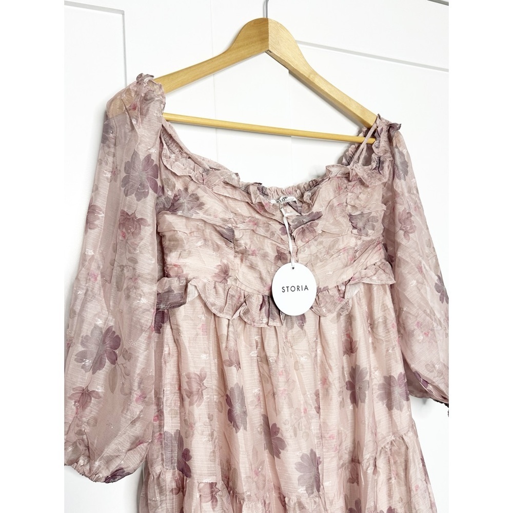 Storia Light Pink Floral Off Shoulder Long Sleeve Tiered Maxi Dress Medium girly - Picture 7 of 14